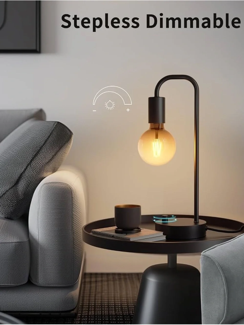 Modern Black Metal Table Lamp with Amber Glass Bulb Dimmable